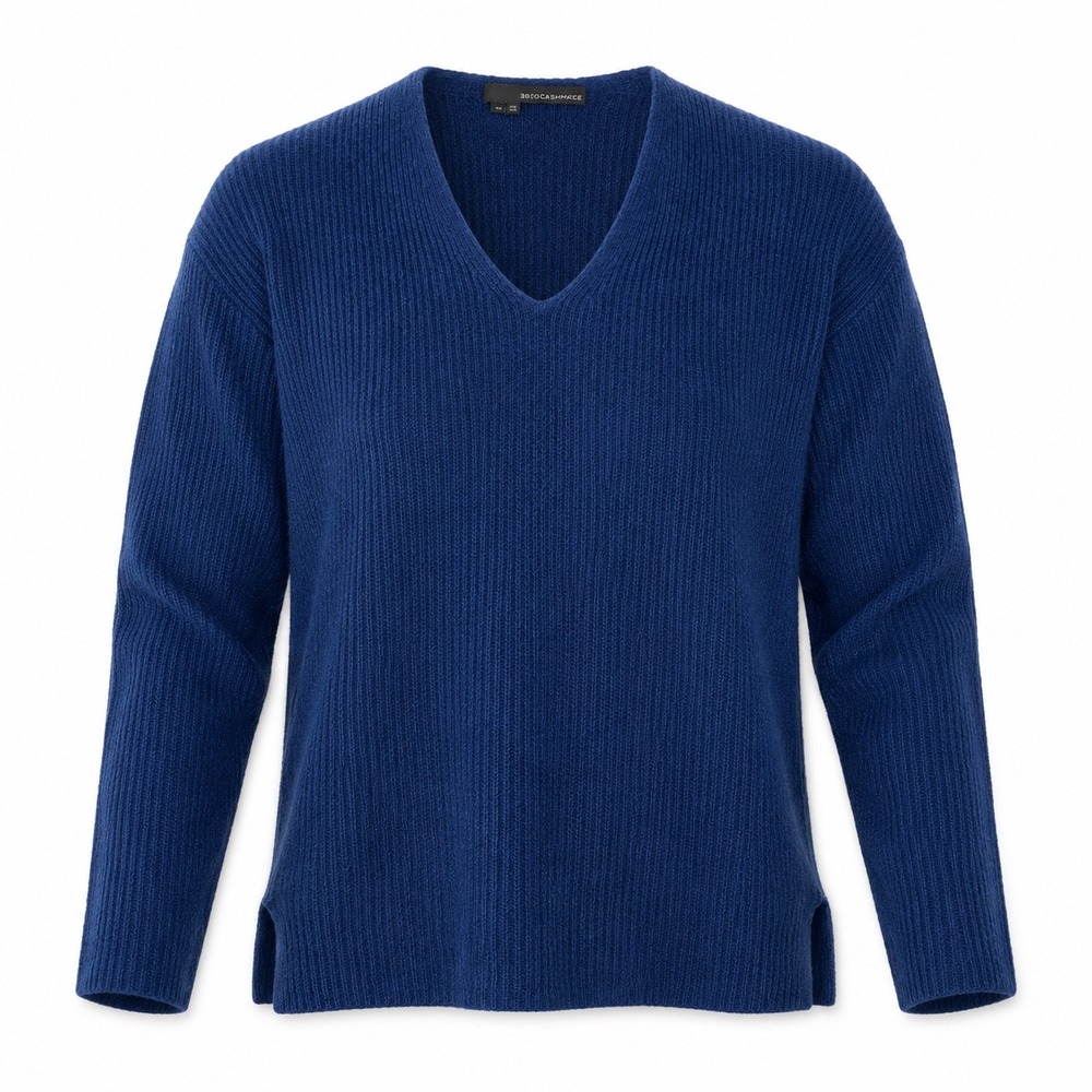360 Cashmere Sweater Womens XS‎ Navy Blue V-Neck Rib Knit Luxury Cashmere Cozy